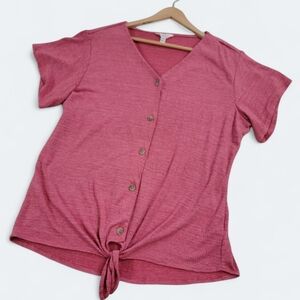 Weatherproof Vintage Women's Pink Button-Down Top Size XL Ties Short Sleeve